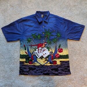 Chiliwear Button Down Shirt Mens XL Blue Tropical Macaw Playing Cards Dice